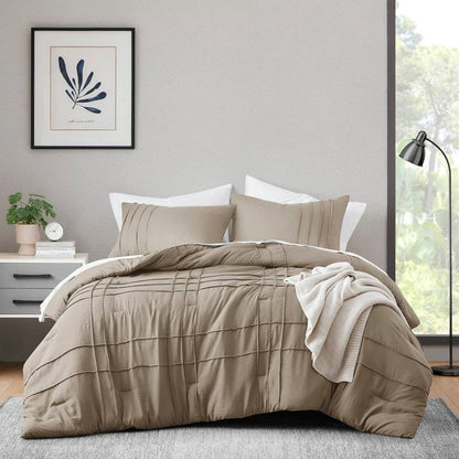 Queen Microfiber Pleated Soft Washed Comforter Set Tan