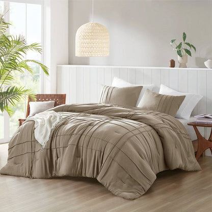 Queen Microfiber Pleated Soft Washed Comforter Set Tan