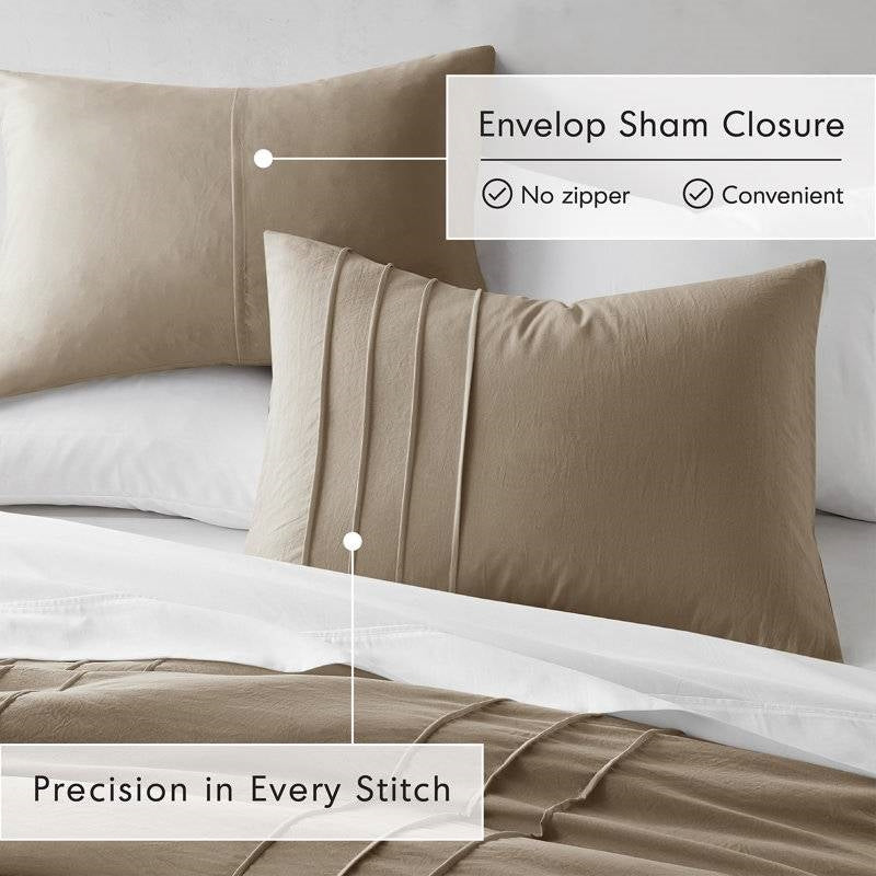 King Size Microfiber Pleated Soft Washed Comforter Set Tan