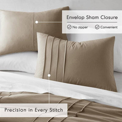 King Size Microfiber Pleated Soft Washed Comforter Set Tan