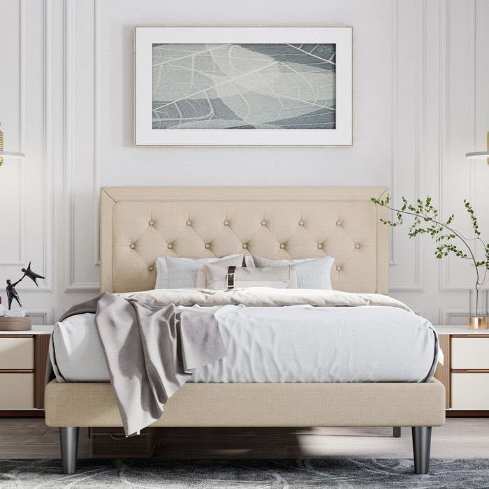 King Size Beige Tufted Upholstered Platform Bed Adjustable Headboard Height