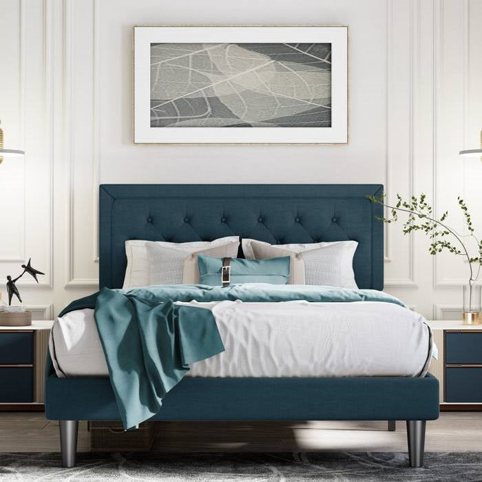 King Size Blue Tufted Upholstered Platform Bed Adjustable Headboard Height
