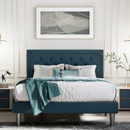 King Size Blue Tufted Upholstered Platform Bed Adjustable Headboard Height