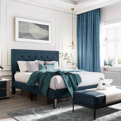 King Size Blue Tufted Upholstered Platform Bed Adjustable Headboard Height