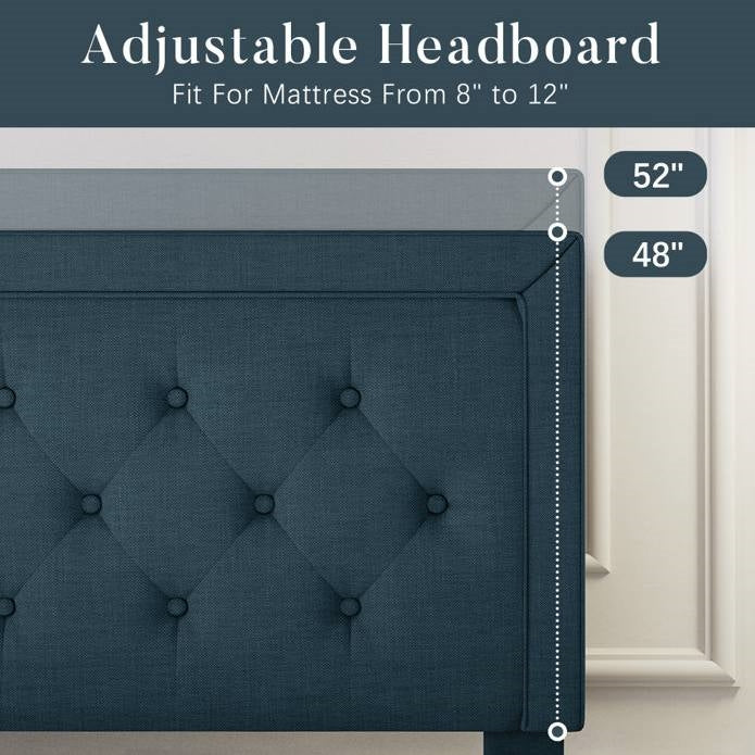 King Size Blue Tufted Upholstered Platform Bed Adjustable Headboard Height