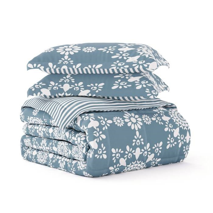 King Size 3 Piece Blue Reversible Daisy Medallion Striped Comforter Set