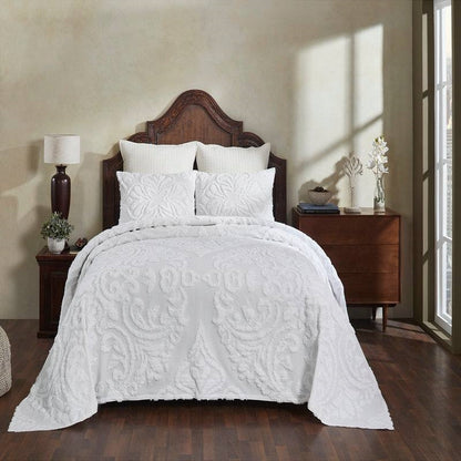 King Size OverSized 100% Cotton Chenille 3 PCS Coverlet Bedspread Set in White