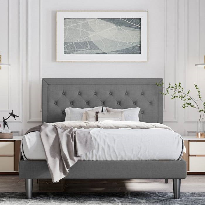 King Size Grey Tufted Upholstered Platform Bed Adjustable Headboard Height