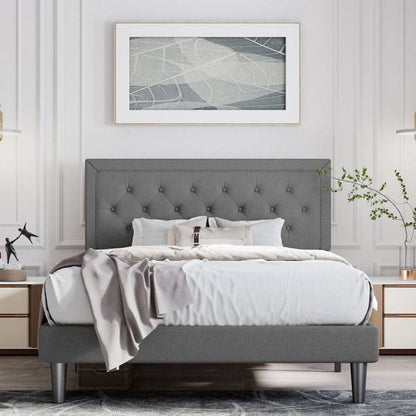 King Size Grey Tufted Upholstered Platform Bed Adjustable Headboard Height