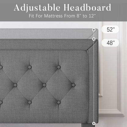 King Size Grey Tufted Upholstered Platform Bed Adjustable Headboard Height