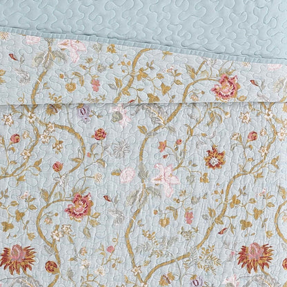 3 Piece FarmHouse Blue Flowers/Vines Cotton Reversible Quilt Set, King