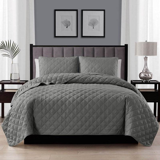 King/Cal King, Grey FarmHome Microfiber Diamond Quilt Set