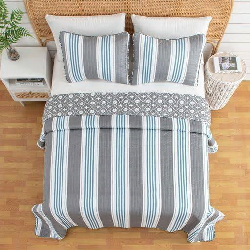 King Size 3 Piece Coastal Grey/Blue Nautical Quilt Set