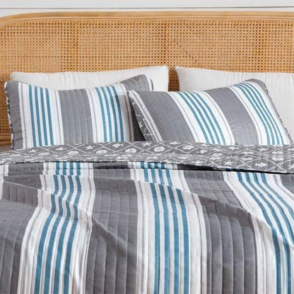 King Size 3 Piece Coastal Grey/Blue Nautical Quilt Set