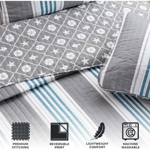 King Size 3 Piece Coastal Grey/Blue Nautical Quilt Set
