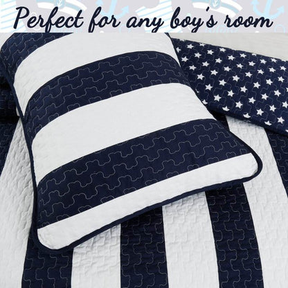 King Size, 3 Piece Blue Stars/Stripes Cotton Reversible Quilt Set