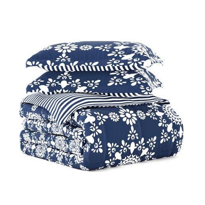 King Size 3 Piece Navy Reversible Daisy Medallion Striped Comforter Set