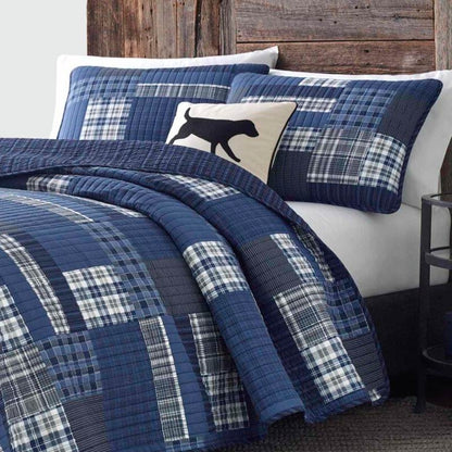 King Size, 3 Piece Blue Patchwork Cotton Reversible Quilt Set