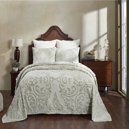 King Size OverSized 100% Cotton Chenille 3 PCS Coverlet Bedspread Set in Sage