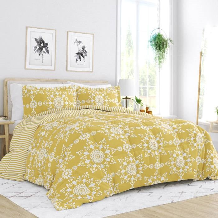 King Size 3 Piece Yellow Reversible Daisy Medallion Striped Comforter Set