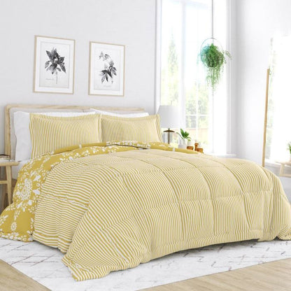 King Size 3 Piece Yellow Reversible Daisy Medallion Striped Comforter Set