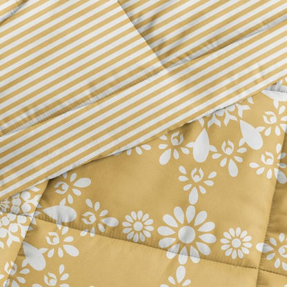 King Size 3 Piece Yellow Reversible Daisy Medallion Striped Comforter Set