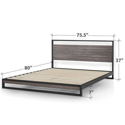 King size Modern Metal Wood Platform Bed Frame with Headboard in Gray