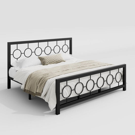 King Size Modern Circle Medallion Black Metal Platform Bed Frame