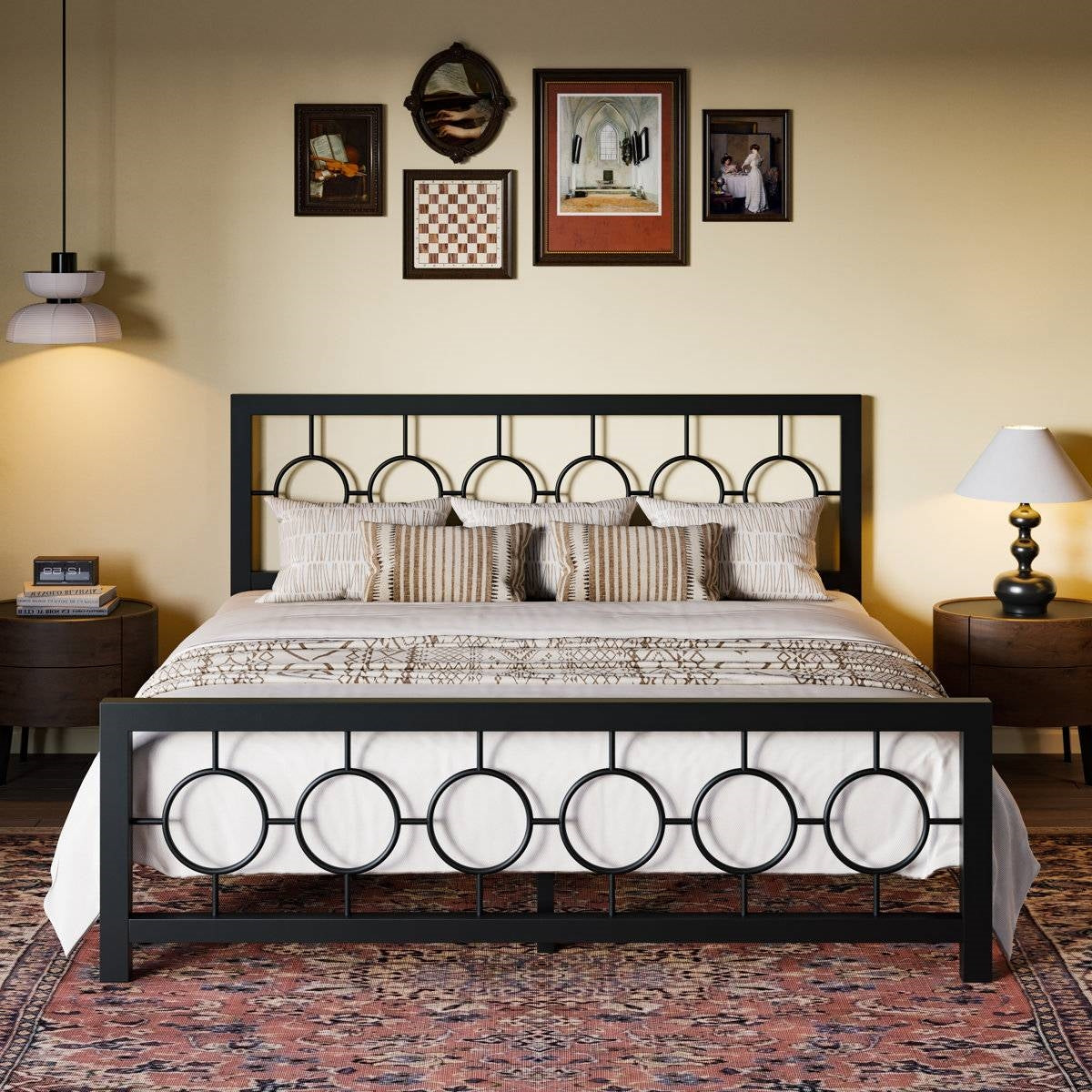 King Size Modern Circle Medallion Black Metal Platform Bed Frame