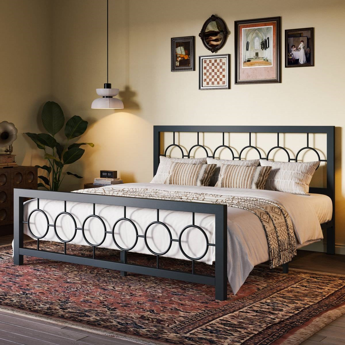 King Size Modern Circle Medallion Black Metal Platform Bed Frame