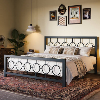 King Size Modern Circle Medallion Black Metal Platform Bed Frame