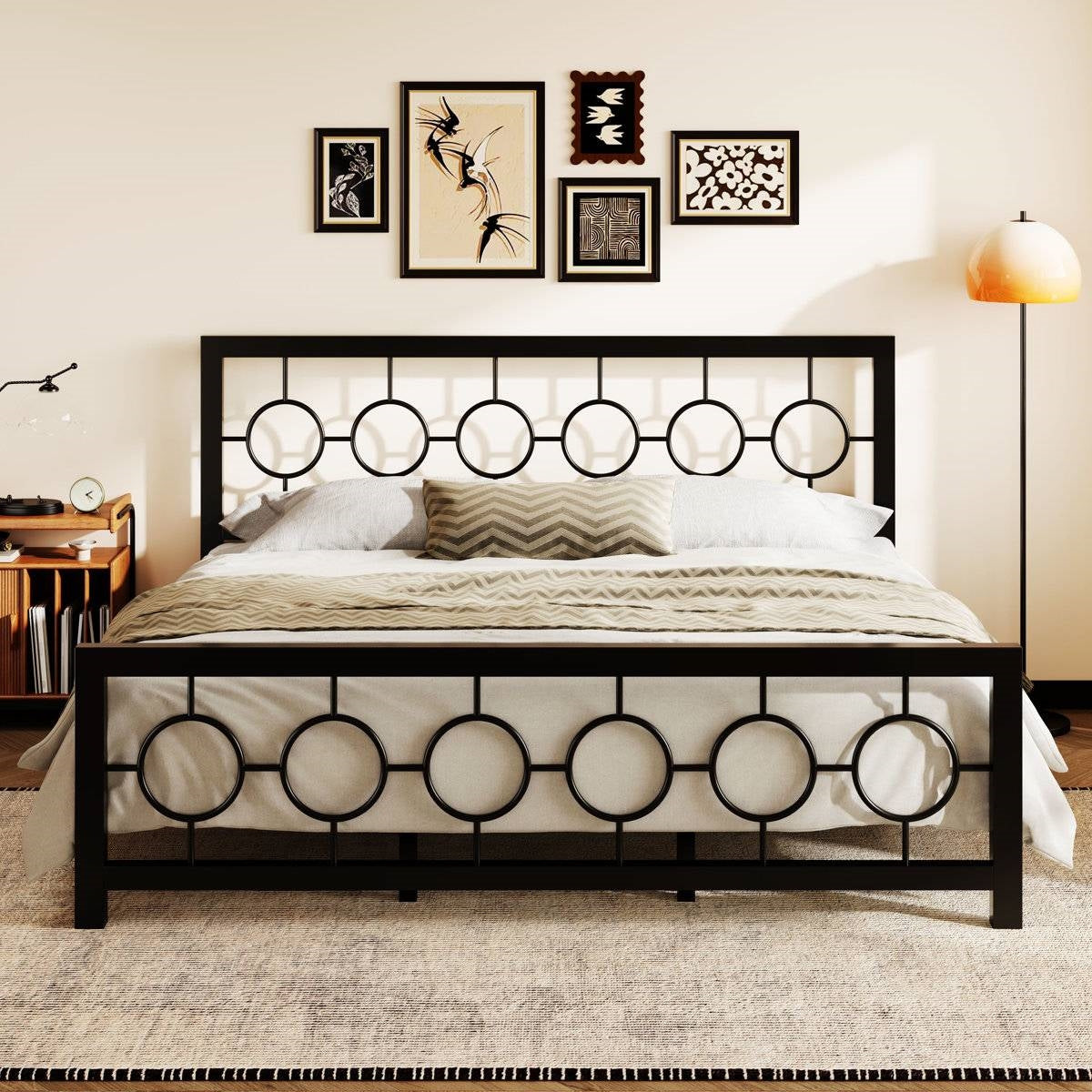 King Size Modern Circle Medallion Black Metal Platform Bed Frame