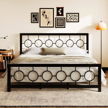 King Size Modern Circle Medallion Black Metal Platform Bed Frame