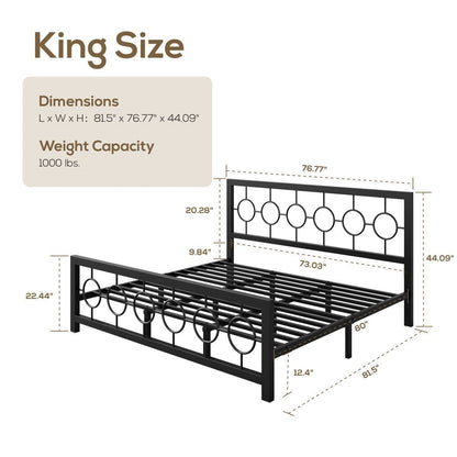 King Size Modern Circle Medallion Black Metal Platform Bed Frame