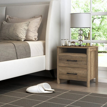 Modern Farmhouse 2-Drawer Nightstand Bedside Table in Brown Oak Wood Finish