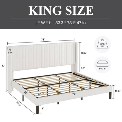 King size White Velvet Upholstered Platform Bed Frame with Wingback Headboard