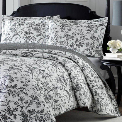 King size 3-Piece Reversible Quilt Set in 100% Cotton Grey White Floral Design