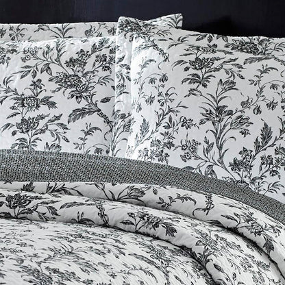 King size 3-Piece Reversible Quilt Set in 100% Cotton Grey White Floral Design