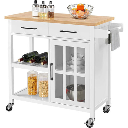 White Kitchen Island Cart with Wood Top Storage Cabinet and Locking Casters