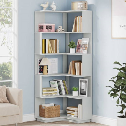Multifunctional Silver Grain 6 Shelf Corner L Bookcase Organizer