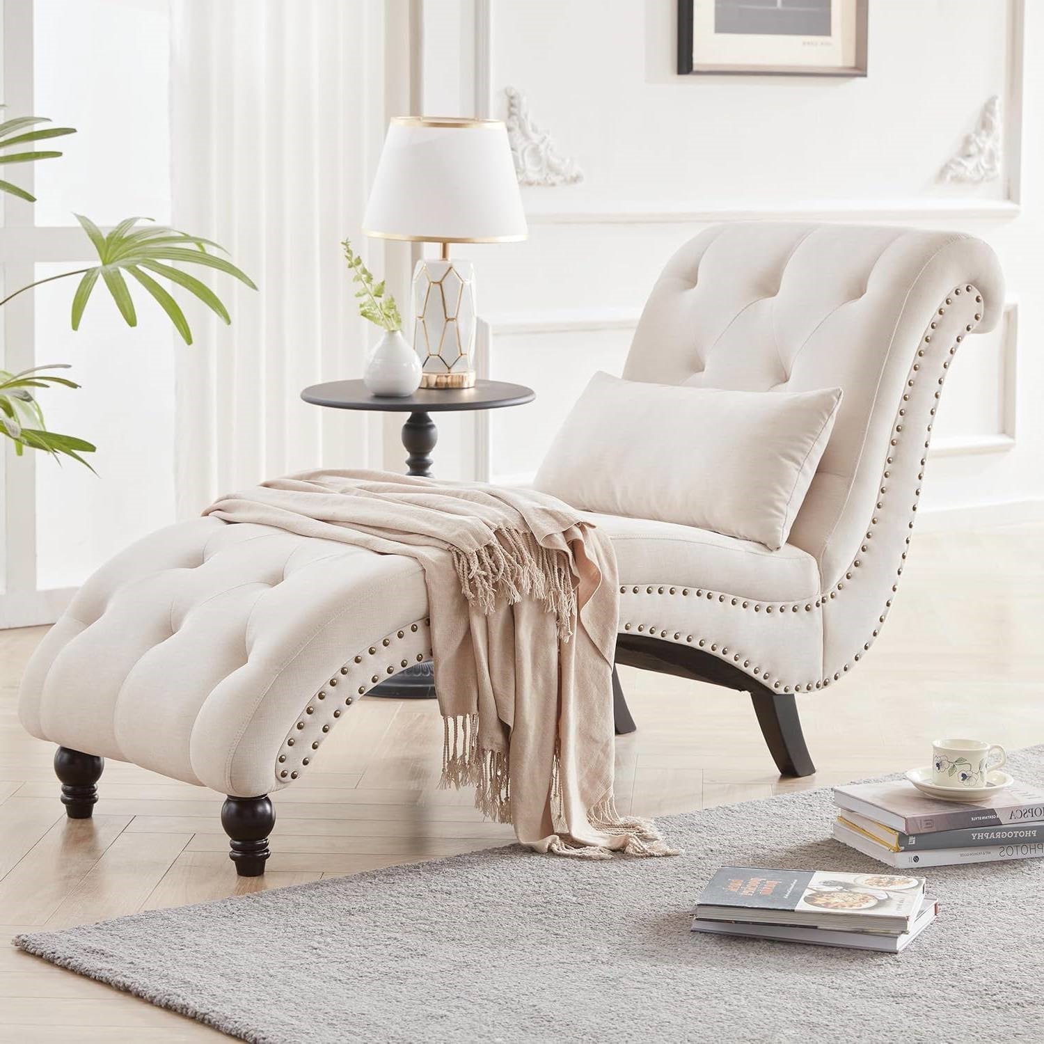 Linen Tufted Armless Chaise Lounge Chair w/ Pillow Beige