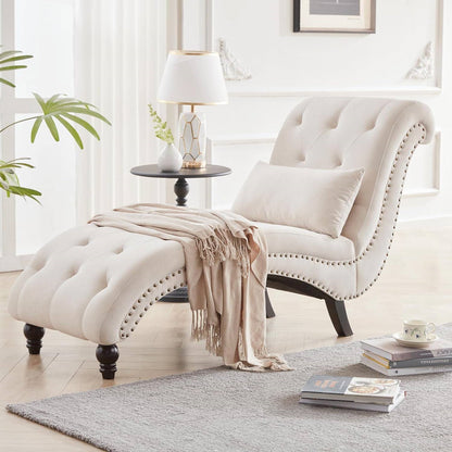 Linen Tufted Armless Chaise Lounge Chair w/ Pillow Beige