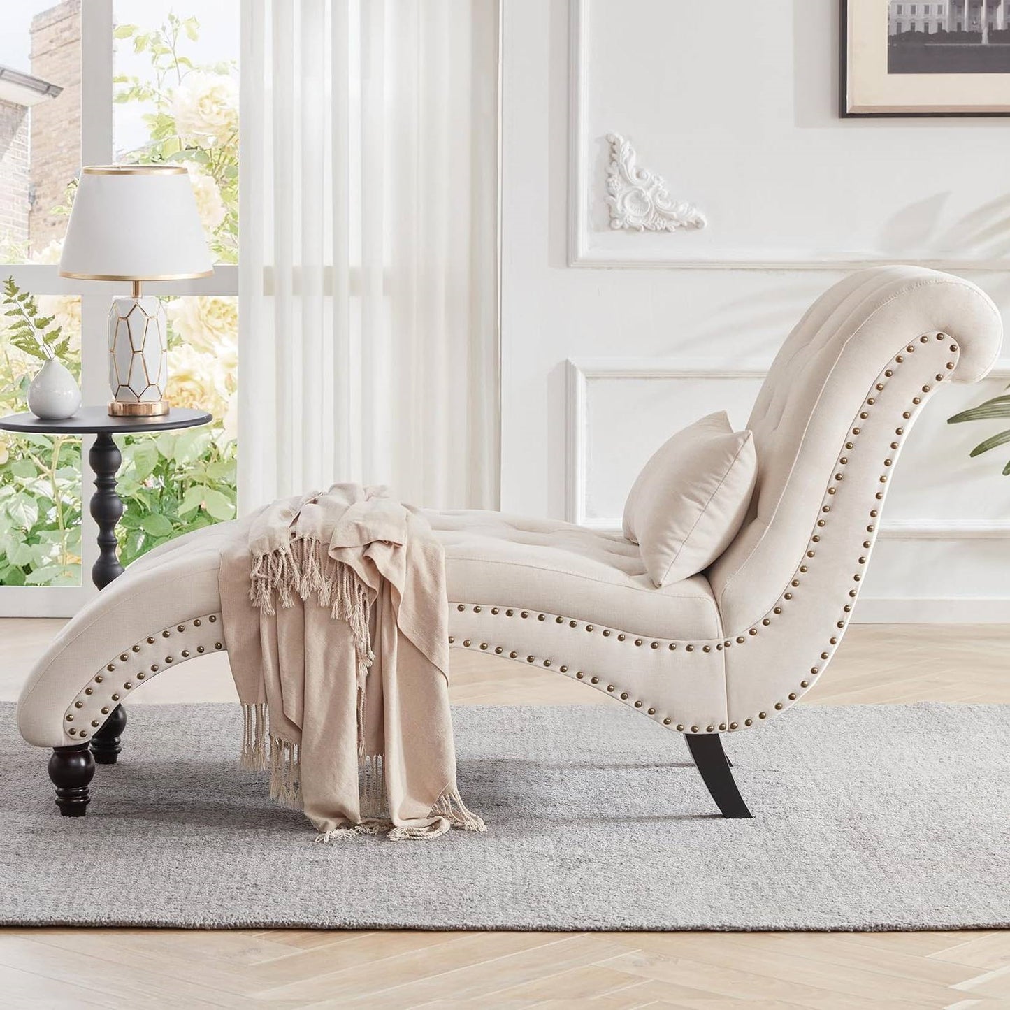 Linen Tufted Armless Chaise Lounge Chair w/ Pillow Beige