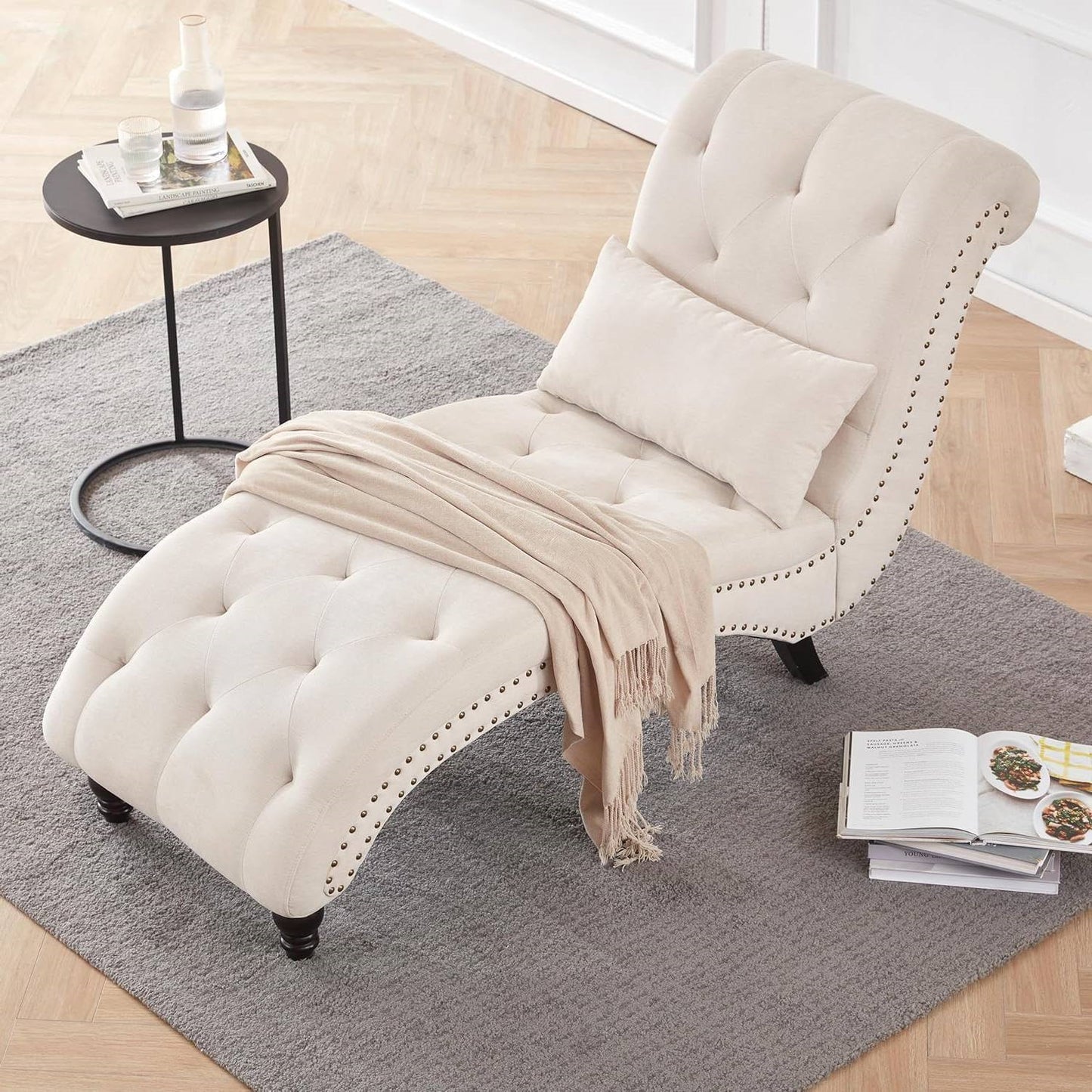 Linen Tufted Armless Chaise Lounge Chair w/ Pillow Beige