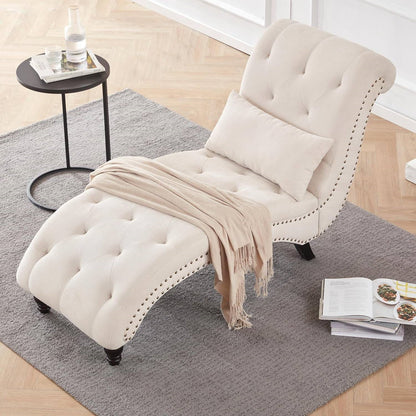 Linen Tufted Armless Chaise Lounge Chair w/ Pillow Beige