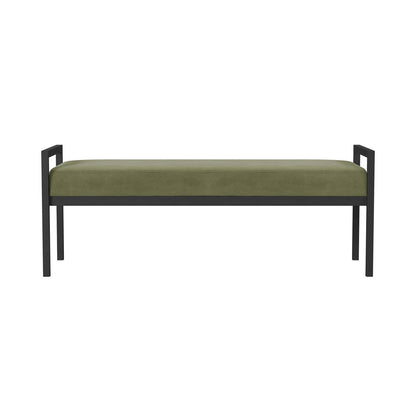Modern Industrial Bed Bench with Black Metal Frame and Sage Green Velvet Cushion
