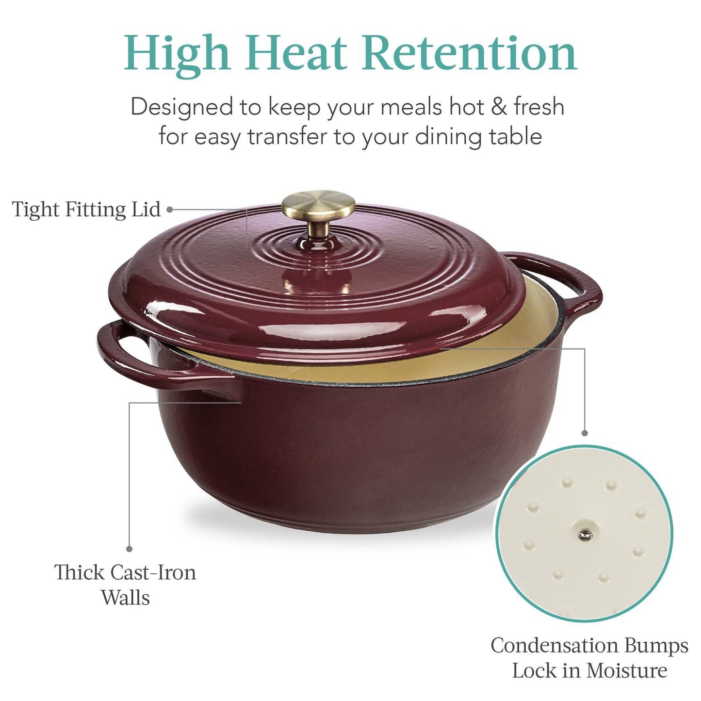 6 Quart Large Maroon Enamel Cast-Iron Dutch Oven Kitchen Cookware