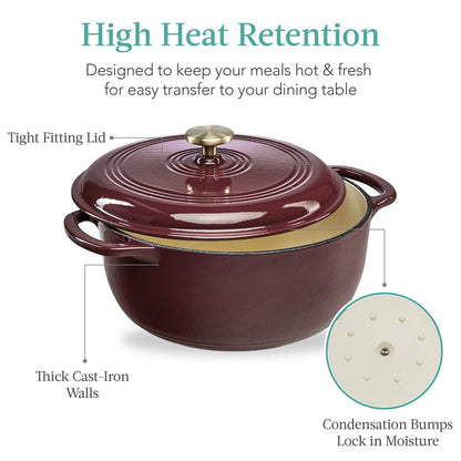 6 Quart Large Maroon Enamel Cast-Iron Dutch Oven Kitchen Cookware