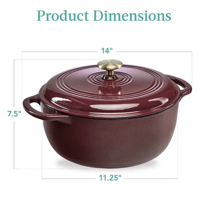 6 Quart Large Maroon Enamel Cast-Iron Dutch Oven Kitchen Cookware