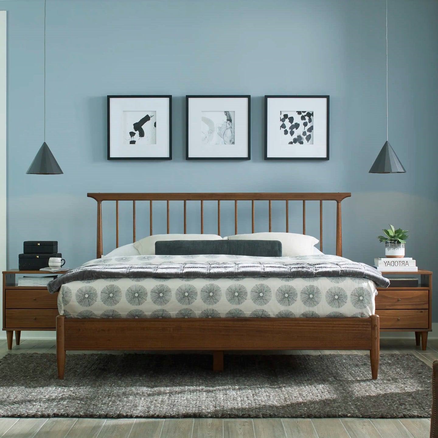 Queen Size Walnut Hardwood Mid Century Platform Bed Frame